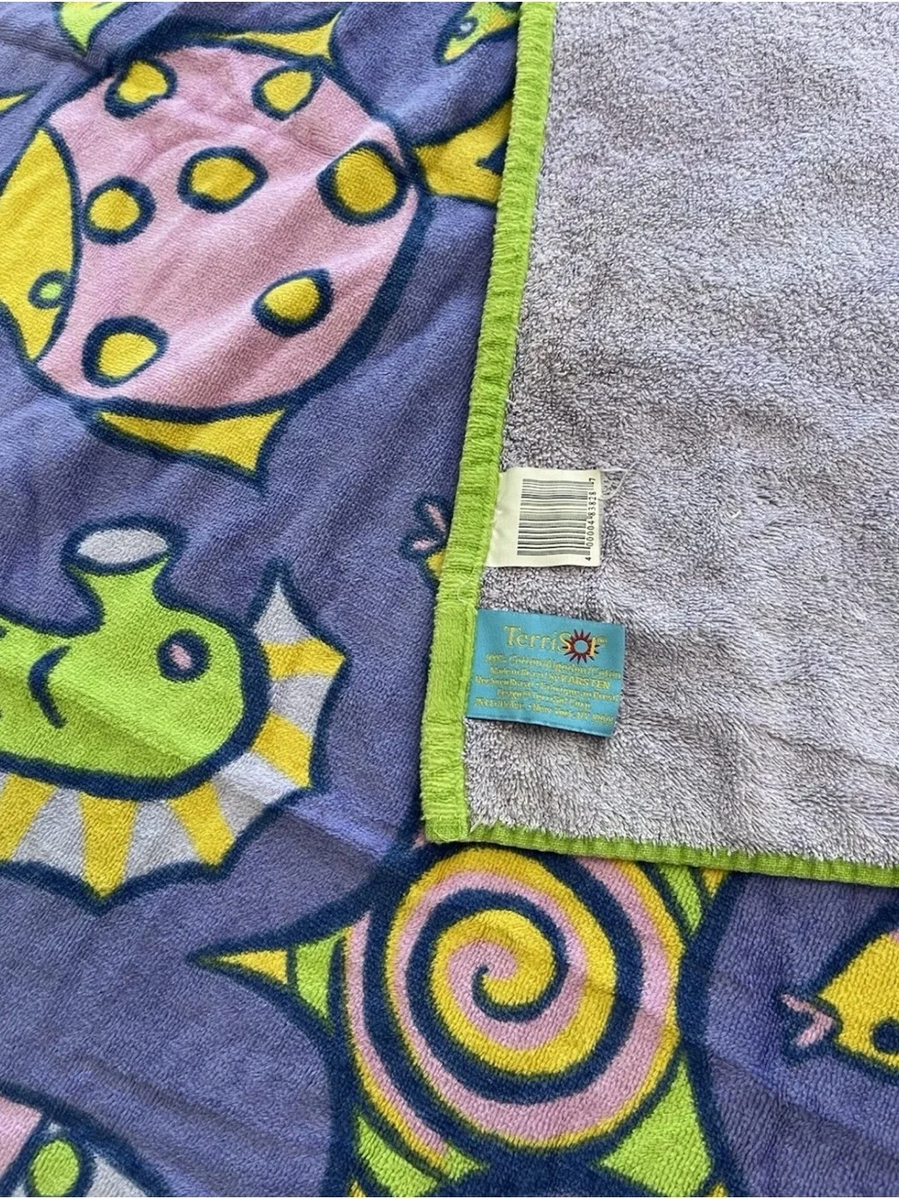 VGT Terrisol Giant Beach Towel Blanket Nautical Fish Purple Green 66” x 66” HTF